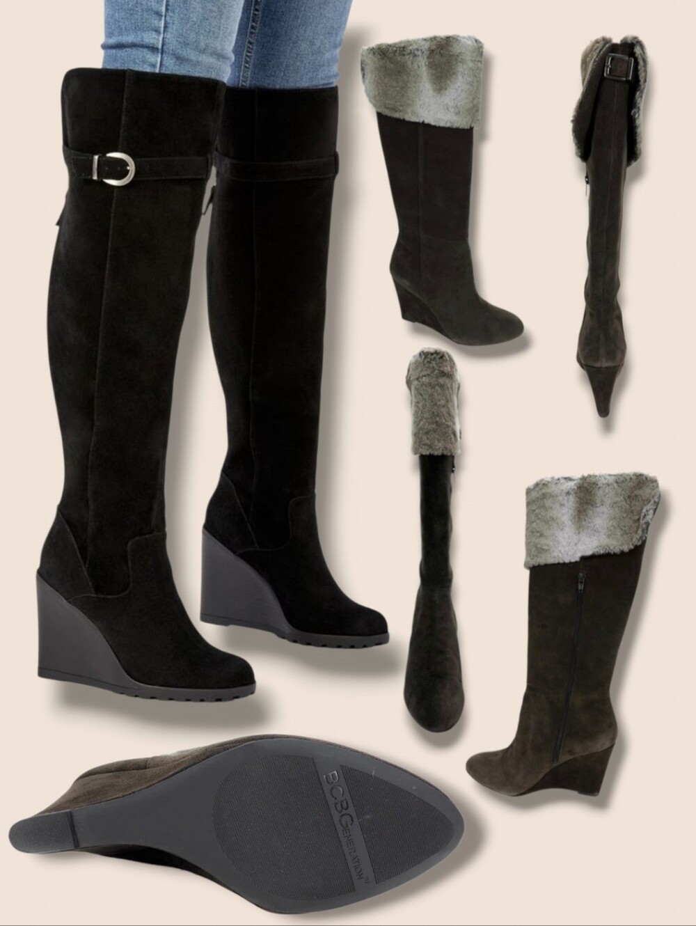 BCBGeneration Women's Mocha Black Suede Knee-High Wedge Winter Boots